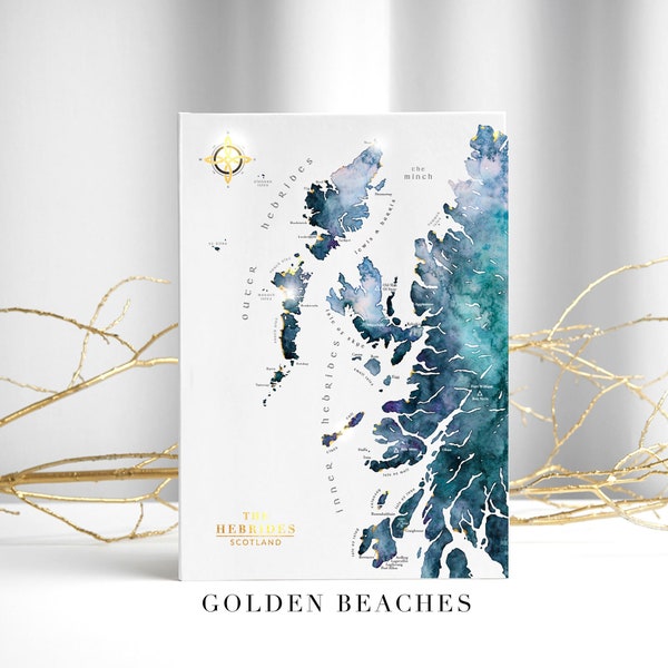 Scottish Hebrides Watercolour Map Art Print with Golden Beaches | Unique Gift | Scotland Map | Scottish Islands | Thoughtful Gift for Him