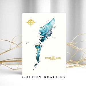 Outer Hebrides Watercolour Map Print with Golden Beaches | Unique Gift | Scottish Hebridean Artwork | Wall Decor | Scottish Islands Gift