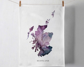 Purple Scotland Map Tea Towel: Organic Cotton Watercolor Map