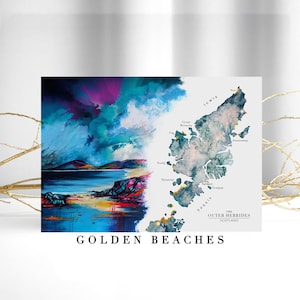 Hebridean Dream Giclee Print | Outer Hebrides Watercolour Map with Gold Beaches | Luskentyre | Scottish Islands Art