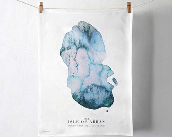 Isle of Arran Watercolor Map Tea Towel | Organic Cotton Kitchen Decor