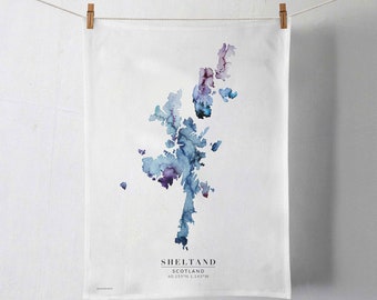 Watercolor Shetland Isles Map Organic Cotton Tea Towel | Scotland Gift