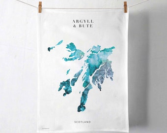 Argyll and Bute Watercolor Map Tea Towel | Scottish Islands Art