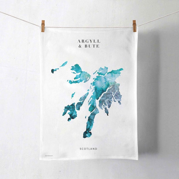 Argyll and Bute Watercolour Map Organic Cotton Tea Towel Art | Scottish Islands | Scotland Tea Towel Art Housewarming Gift for Mum