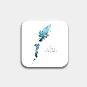 May include: Square coaster featuring a watercolor map of the Outer Hebrides in shades of blue and teal. The text "THE OUTER HEBRIDES" is printed in black below the map on a white background.