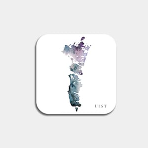 May include: A square coaster with rounded corners features a watercolor map design in shades of blue, purple, and gray. The word "UIST" is printed in black on the lower right corner. The coaster is set against a white background.