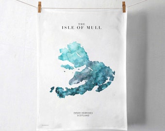 Isle of Mull Watercolour Map Organic Cotton Tea Towel Art | Scottish Islands | Scotland Themed Housewarming Gift for Mum | Inner Hebrides