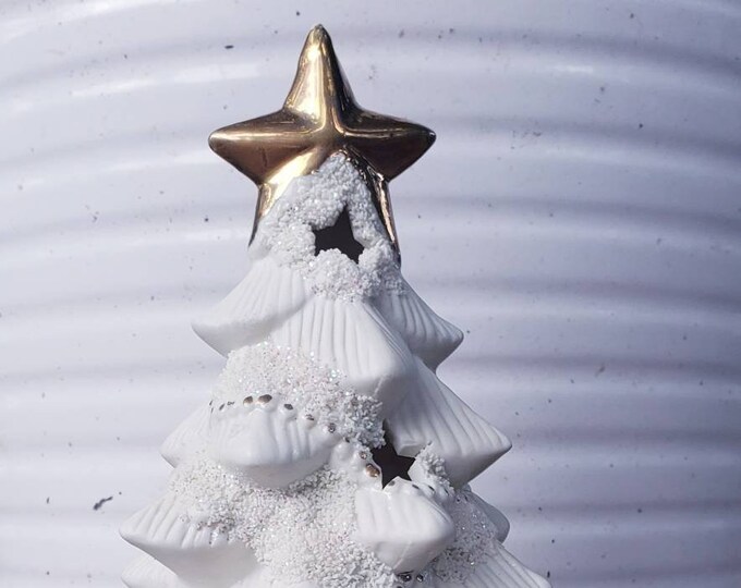 Ceramic Table Top White Christmas Tree Light With Gold Star Etsy
