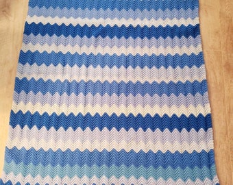 Small Heavyweight Shades of Blue and White Chevron pattern knitted blanket Baby Boy Shower Gift    Couch Throw Blanket