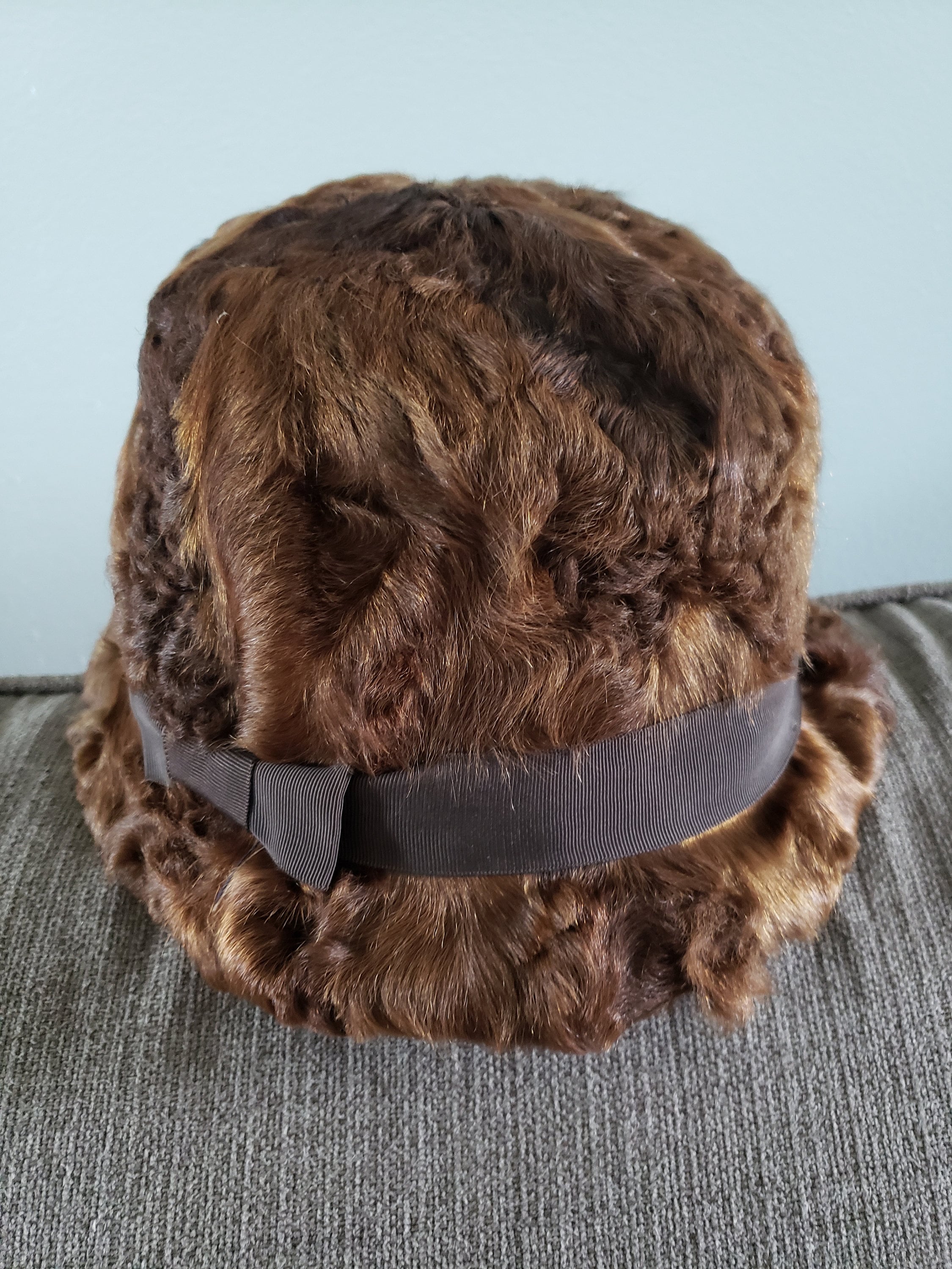 Chapeau Vintage Années 60 En Laine Shearling Marron Pour Femme - Taille L - Style Bunny Round