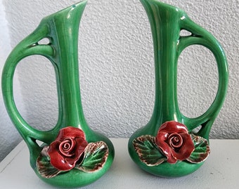 Pair of Green ceramic Floral vases Mothers Day flowers  Bud Vases Vintage home decor