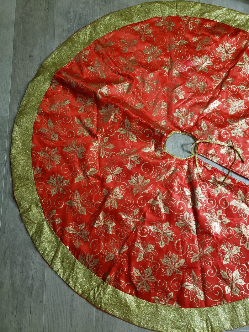 Red and Gold 48 inch Christmas Tree Skirt Satin Holiday Fabric BOHO Romantic Valentines home decor image 8