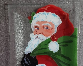 Decorative glass plate hand painted Santa Claus cookie plate