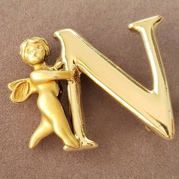 Vintage goldtone L Razza jewelry brooch pin Letter N with Angel