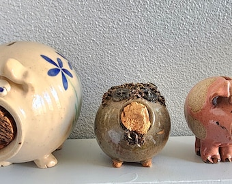 Set of 3 Stoneware pottery Piggy Banks Oregon Pottery Wizard Clay Co  Coin Banks Collectible ceramics