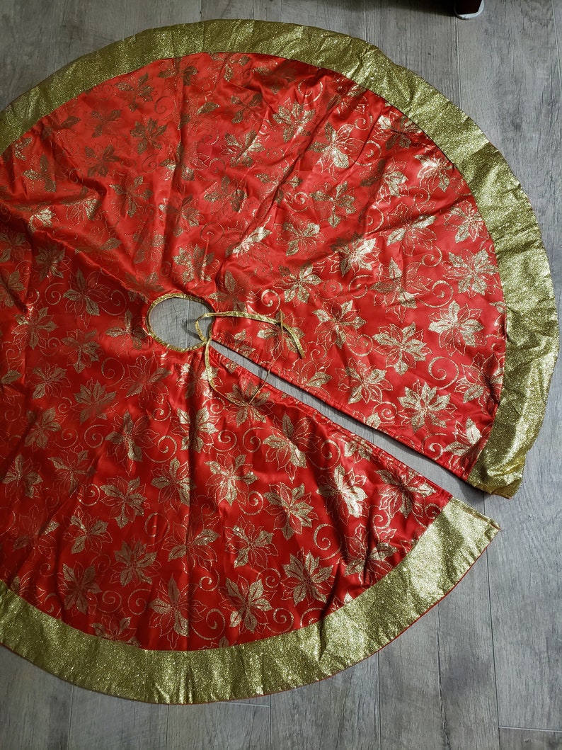 Red and Gold 48 inch Christmas Tree Skirt Satin Holiday Fabric BOHO Romantic Valentines home decor image 1
