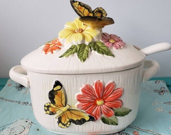 Cottagecore 3D floral Centerpiece ceramic Butterflies vintage serving bowls