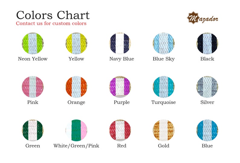 May include: Color chart showing 15 different color options for a product. The colors include neon yellow, yellow, navy blue, blue sky, black, pink, orange, purple, turquoise, silver, green, white/green/pink, red, gold, and blue.