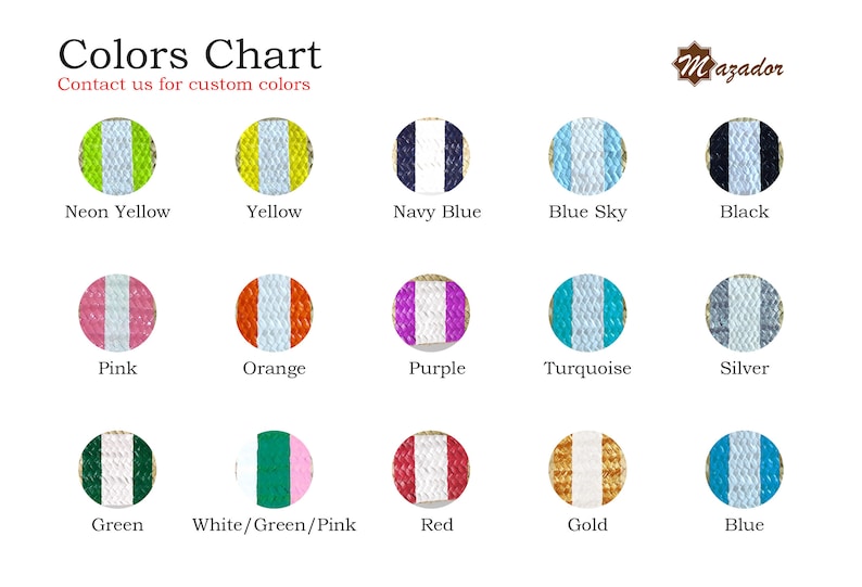 May include: Color chart with various color swatches, including neon yellow, pink, orange, and turquoise. The text "Colors Chart" and "Contact us for custom colors" are displayed at the top. The Mazador logo is in the upper right corner.