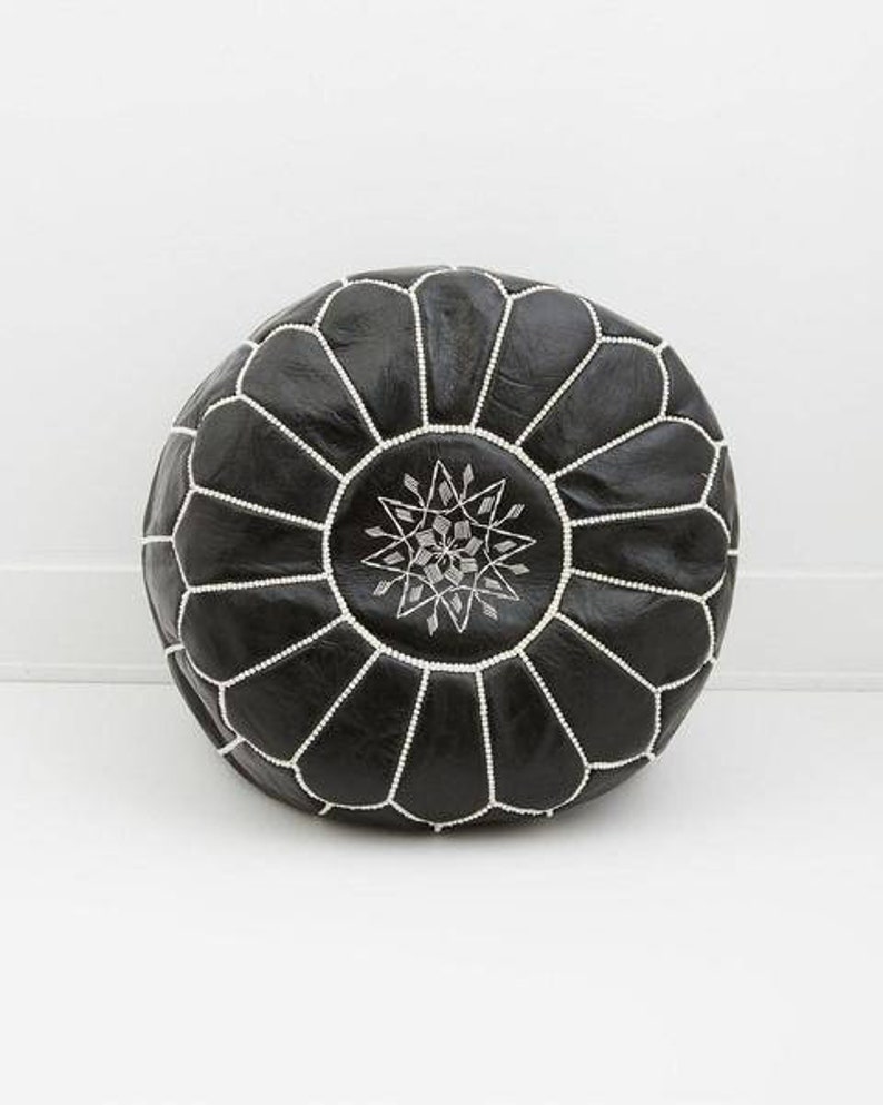 Moroccan Leather Pouf Ottoman Black Handmade Genuine Footstool Hassock High Quality Pouf pelle Lederen poef Puf de cuero Hocker aus Leder