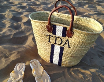 STRAW BAG, Straw basket, Personalized leather Straw Tote bag for bachelorette party, Customized hand painted bag, Monogrammed straw bag