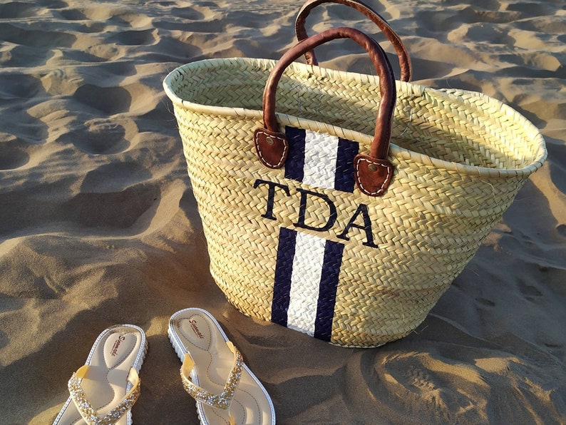 Gift for her, Personalized leather Straw Tote bag for bachelorette party, Customized hand painted bag, Monogrammed with initials letters 