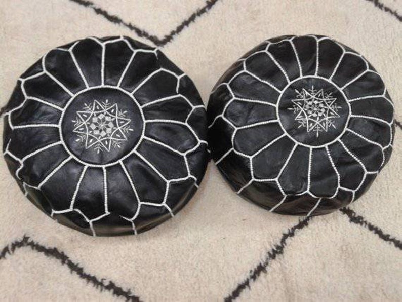 Moroccan Leather Pouf Ottoman Black Handmade Genuine Footstool Hassock High Quality Pouf pelle Lederen poef Puf de cuero Hocker aus Leder