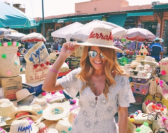 cadeaux pour elle - Chapeau de soleil personnalisé - Chapeaux marocains personnalisés - Chapeaux de paille marocains - Chapeau de soleil de mariée - Chapeau de plage de mariée - Chapeau de floppy personnalisé