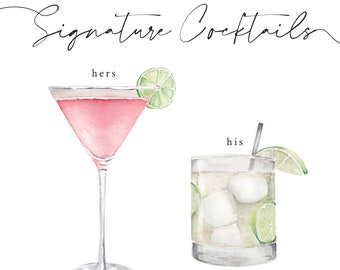 Custom Signature Drinks Sign, Custom Illustration Signature Drinks, Drink Bar Menu, Wedding Bar Menu, Wedding Bar Sign, Bar Wedding Poster