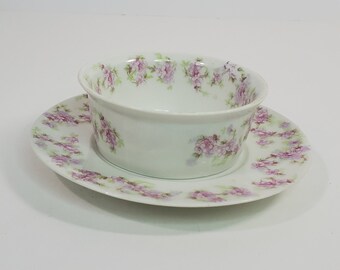 Bawo & Dotter Limoges, Purple Floral Ramekin and Saucer Set, 1896-1900