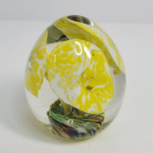 Yellow and White Flowers Glass Egg Paperweight