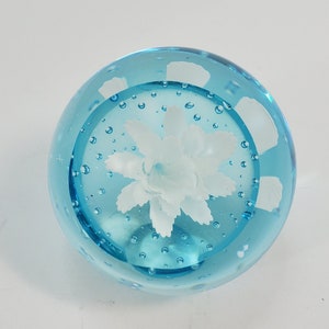 Light Blue Round Paperweight with White Flower