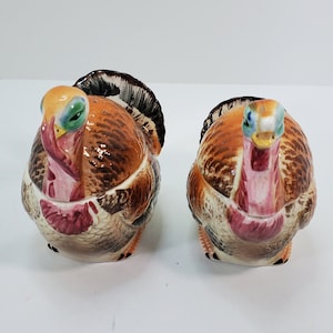 Può includere: Un paio di saliere e pepiere in ceramica a forma di tacchino. I tacchini sono marroni, arancioni e bianchi con dettagli neri e verdi. Sono rivolti in avanti con la testa inclinata verso il basso.