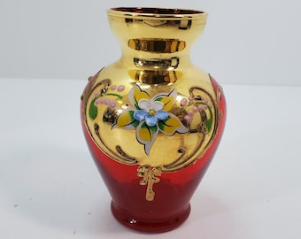 ヴェッキア ムラーノ ルビーレッド アートガラス 花瓶 24K ゴールド