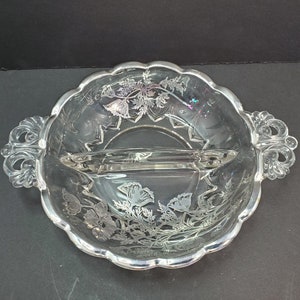 Glass with Silver Overlay Divided Relish Dish