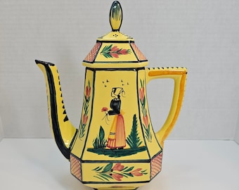 Quimper Soleil Yellow Octagonal Lady Coffee Pot, France