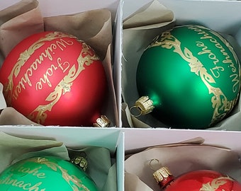 Dillards 2000 Frohe Weihnachten Mouth Blown Glass Christmas Ornaments, Czech Republic, Original Box