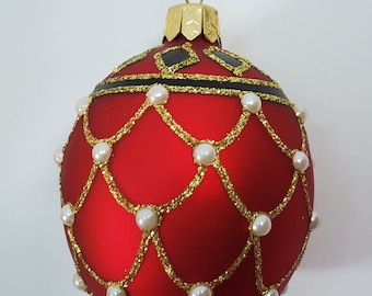 Impuls Small Red Egg with Pearls Mouth Blown Christmas Ornament, Poland, Original Box