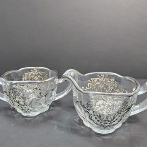 Glass with Silver Overlay Sugar and Creamer Set, Wear to Silver
