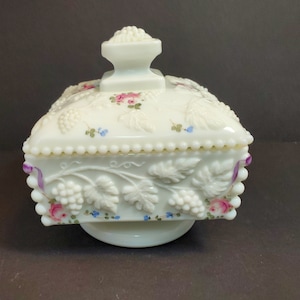 Milk Glass Lidded Box, Hand Painted