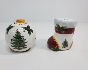 vintage spode chirstmas tree green figural salt pepper shakers mib