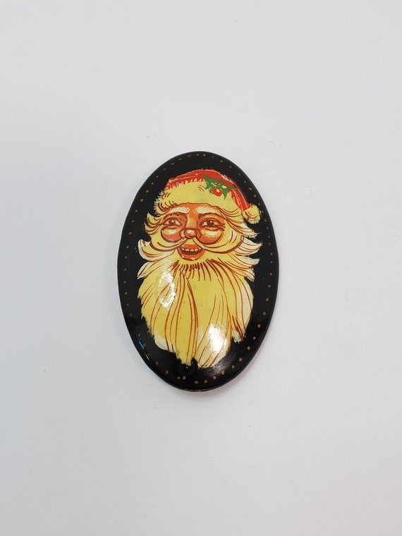 Russian Black Lacquer Santa Brooch Artist Signed - image 2