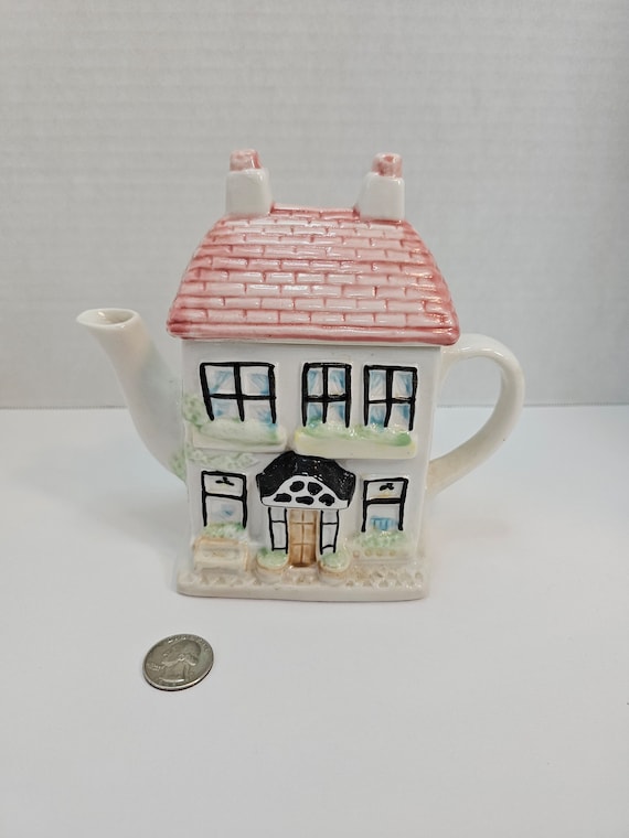 Théière Céramique Vintage - Forme De Maison Cottage - Bleu Vert Brillant