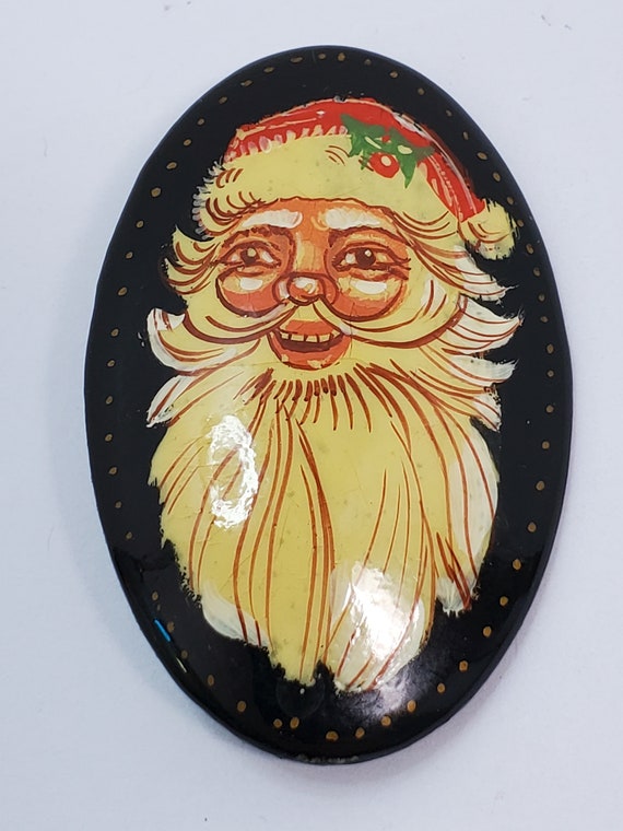 Russian Black Lacquer Santa Brooch Artist Signed - image 3