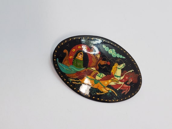 Russian Black Lacquer Troika Brooch Artist Signed - image 1