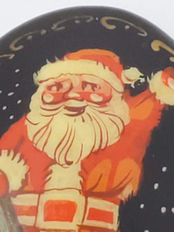 Russian Black Lacquer Santa with Sack Brooch Arti… - image 1