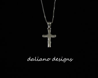 Cross Pendant, Scalloped Edge 13mmL w/ Chain. Faith based inspirational jewelry. 925 Sterling Silver w/ Rhodium plating to prevent tarnish.