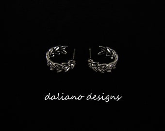 Maile Lei 15mmD Hoop Style w/ Post Earrings. Hawaiian inspired jewelry designs. 925 Sterling Silver w/ Rhodium plating to prevent tarnish.