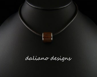 Koa Wood Inlay Barrel Slider Pendant, 12mm Width.  Hawaiian inspired jewelry creation made of 316L Stainless Steel base metal.