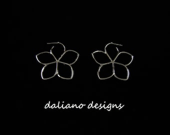 Plumeria (Melia) 40mmD Hoop Style w/ Post Earrings. Hawaiian inspired jewelry. 925 Sterling Silver w/ Rhodium Plating to prevent tarnish.